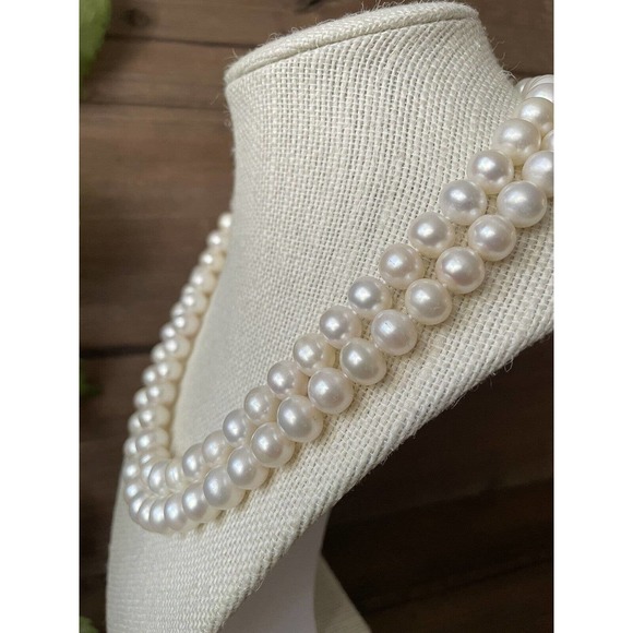10mm White Pearl Necklace Double Strand - 17” Hand Knotted - Silver Overtone - Picture 3 of 10